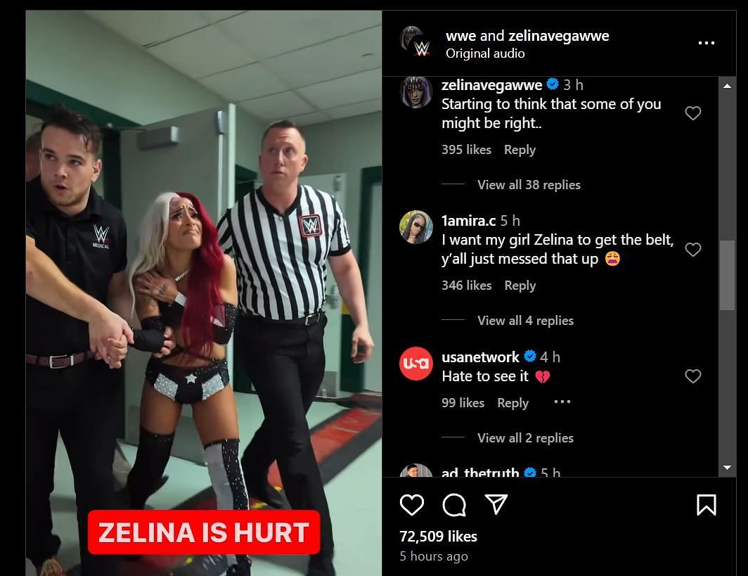 Referees escort an injured and squirming Zelina Vega